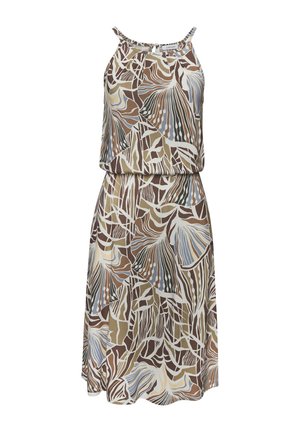 Ärmelloses Kleid aus leichtem Stoff, das ein mehrfarbiges abstraktes Blattmuster in Braun, Beige, Blau und Weiß zeigt.