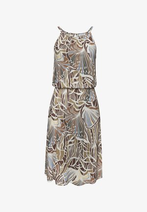 Sleeveless dress made of lightweight fabric, featuring a multicolored abstract leaf pattern in brown, tan, blue, and white.