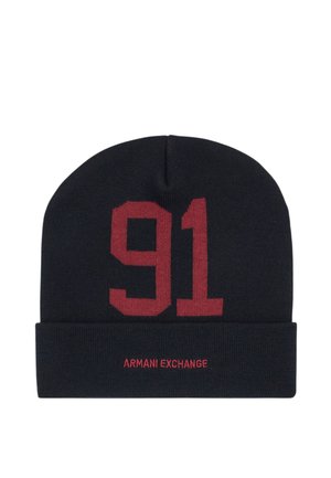 Berretto lavorato a maglia nero con "91" rosso sul davanti e logo "Armani Exchange" ricamato sul risvolto.