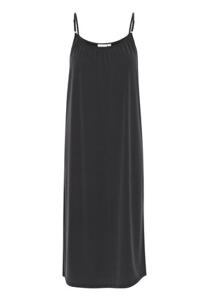 Crna haljina bez rukava s podešivim trakama, izrađena od mekog, glatkog materijala, do koljena, s opuštenim krojem i nabranu izrezom.