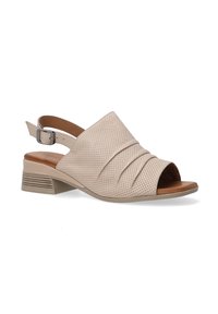 Beige Lochleder-Slingback-Sandale mit gerafftem Design, offener Zehenpartie und moderatem Blockabsatz. Verstellbare Schnalle am Knöchel.