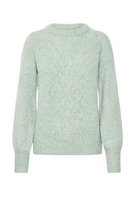 Suéter de punto verde menta con un patrón texturizado y puños acanalados. El escote redondo complementa el corte holgado y la suavidad general.