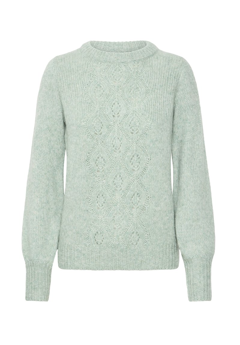 Suéter de punto verde menta con un patrón texturizado y puños acanalados. El escote redondo complementa el corte holgado y la suavidad general.