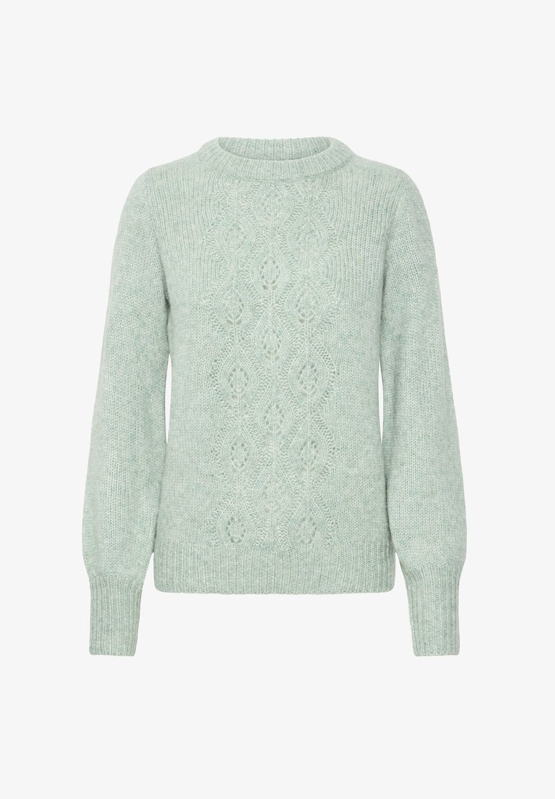Suéter de punto verde menta con un patrón texturizado y puños acanalados. El escote redondo complementa el corte holgado y la suavidad general.