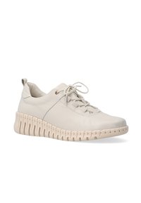 Helle beigem Leder Sneaker mit einer strukturierten flexiblen Sohle. Verfügt über ein Schnürdesign und eine einzelne goldene Öse im oberen Bereich.