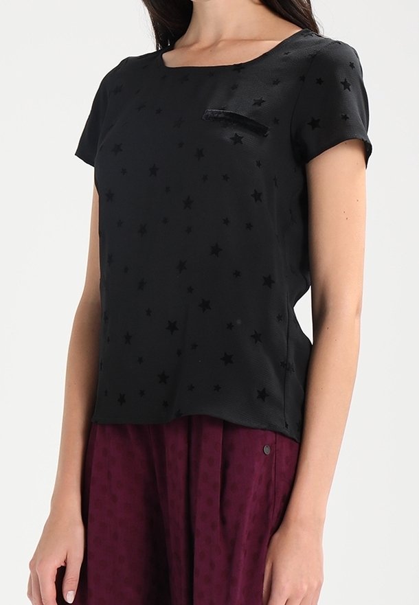 Blusa negra de manga corta con un escote redondeado, que presenta un sutil patrón de estrellas y un pequeño bolsillo. Tejido ligero con una textura suave.