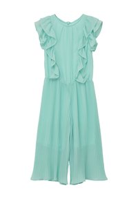 Licht mintgroene jumpsuit met ruches op de mouwen, geplooide textuur en een knoopsluiting aan de achterkant. Soepele stof met een zachte val.