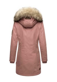 Pink parka with a faux fur-lined hood, long sleeves, and a slightly tailored fit. Features a logo patch on the sleeve and ribbed cuffs.
