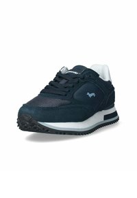Scarpa sportiva blu navy con tessuto scamosciato e mesh, suola intermedia bianca, suola in gomma e un piccolo logo sul lato.
