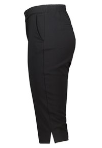 Zwarte getailleerde broek met een gladde textuur, voorzien van een elastische tailleband en zijzakken voor extra functionaliteit.