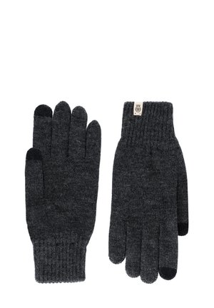 Dunkelgraue Strickhandschuhe mit schwarzen, touchscreen-freundlichen Fingerspitzen an Daumen und Zeigefinger, wobei ein Handschuh ein Stoffetikett nahe dem Bündchen zeigt.