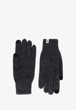 Dunkelgraue Strickhandschuhe mit schwarzen, touchscreen-freundlichen Fingerspitzen an Daumen und Zeigefinger, wobei ein Handschuh ein Stoffetikett nahe dem Bündchen zeigt.