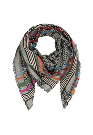 Foulard carré avec des motifs géométriques et animaux multicolores, avec des bords frangés et un mélange de tons gris, noir, orange, bleu, rouge et vert.