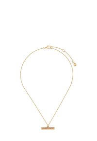 Gold-tone necklace featuring a thin bar pendant set with multi-colored stones. Chain has a delicate texture and adjustable length.