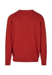 Roter gestrickter Pullover mit Rundhalsausschnitt, langen Ärmeln und geripptem Saum. Glatte Textur und einfarbig ohne Muster oder Verzierungen.