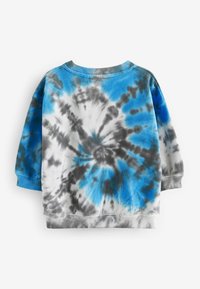 Długi rękaw, okrągły dekolt, bluza z niebiesko-białą i szaro-spiralną wzorem tie-dye, z widokiem z tyłu, z prążkowanymi mankietami i dołem.