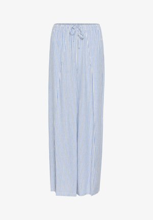 Pantalons larges légers, rayés bleu et blanc, avec taille élastique et cordon de serrage ; fabriqués en tissu doux avec une coupe décontractée.