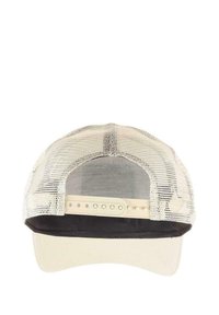 Verstellbare Mütze mit einer beige Front aus Stoff und einem Netzrücken. Der Schirm ist gebogen und hat eine schwarze Unterseite. Kunststoff-Druckverschluss auf der Rückseite.