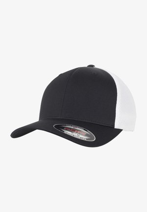 Casquette de baseball noire avec une partie avant solide et un dos en mesh blanc, dotée d'une visière courbée et d'une étiquette de marque sur l'intérieur.