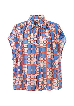 Korte mouwen blouse met knoopsluiting, blauw-wit-rood geometrisch geruit patroon en puntige kraag.