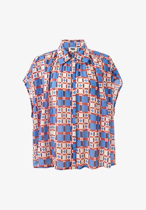 Blouse à manches courtes avec des boutons, motif géométrique à carreaux bleu, blanc et rouge, col pointu.