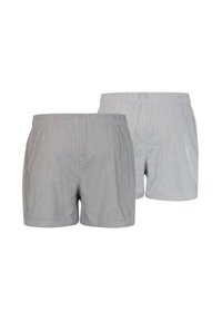 Boxer shorts gris avec une taille élastique, présentant une texture lisse et un design simple, affichés de face et de dos.
