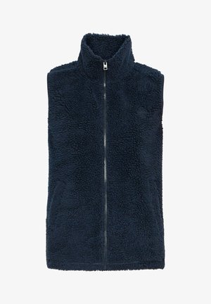 Tumesinise fliisvest, millel on kõrge krae, tekstuuriga, lukuga ees ja ilma varrukateta. Rinnal on peen logo detail.