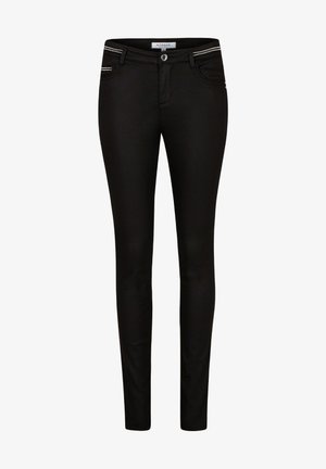 Schwarze skinny Jeans mit einer glatten Textur, im enganliegenden Design, metallischen Reißverschluss-Akzenten und im klassischen Fünf-Taschen-Stil.