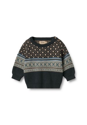 Dunkelgrüner gestrickter Pullover mit geometrischen Mustern in Beige und Hellblau, Rundhalsausschnitt und zwei Knöpfen an der Schulter.