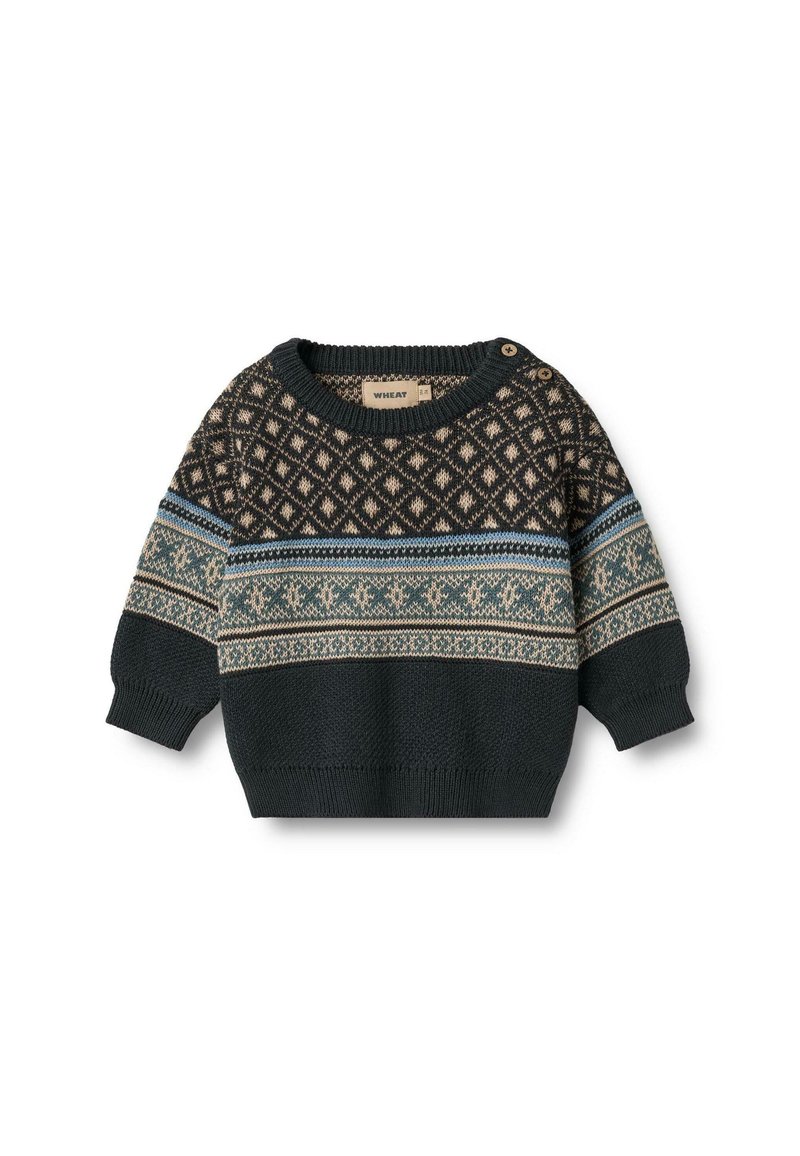 Dunkelgrüner gestrickter Pullover mit geometrischen Mustern in Beige und Hellblau, Rundhalsausschnitt und zwei Knöpfen an der Schulter.