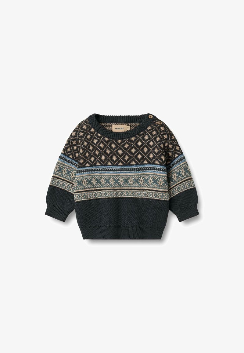 Dunkelgrüner gestrickter Pullover mit geometrischen Mustern in Beige und Hellblau, Rundhalsausschnitt und zwei Knöpfen an der Schulter.
