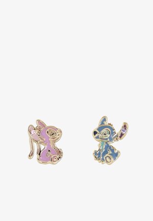 Deux petites épingles émaillées à contour doré représentant des lapins de dessin animé, l'un rose avec une gemme violette, l'autre bleu avec une gemme violette sur leurs oreilles.