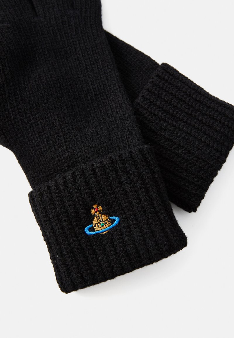 Guantes sin dedos de punto negro con textura acanalada; presentan un pequeño diseño bordado de un castillo delineado en azul en el puño.