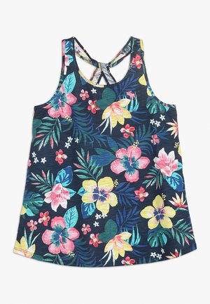 Ärmeløs marineblå tanktop med farverige tropiske blomsterprint og krydsede stropper på ryggen.