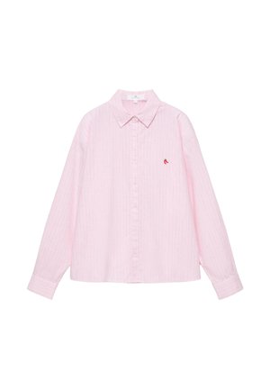 Svetloružová košeľa s dlhým rukávom na gombíky s jemnými vertikálnymi pruhmi a malou červenou výšivkou čili papričky na ľavej strane hrude.