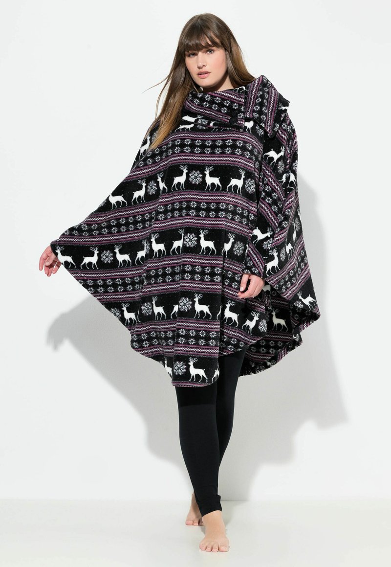 Ulla Popken NORDIC PRINT STRETCH PLUSH LOUNGE PONCHO - Župan - black