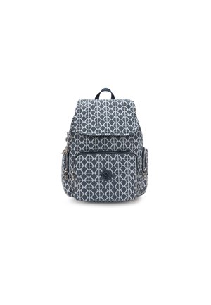 Blue and white patterned backpack with a flap closure, front zip pocket, adjustable straps, and top handle. Made of durable fabric.