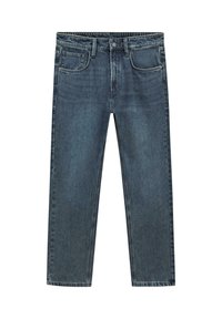Mørkeblå denim jeans med lige pasform, fem lommer og lukning med metalknap. Har let falmning og syninger langs sømmene.