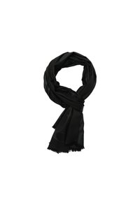 Sciarpa nera caratterizzata da una texture liscia, un design elegante e motivi sottili. I bordi sono frangiati per un tocco di dettaglio in più.