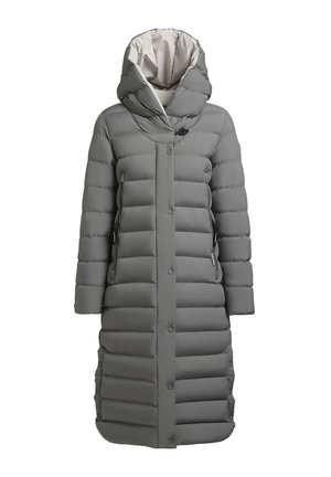 Grijze pufferjas met een capuchon, voorzien van een gestikt ontwerp, drukknoopsluitingen en ritszakken aan de zijkanten. Gevoerd met een contrasterende lichte kleur.