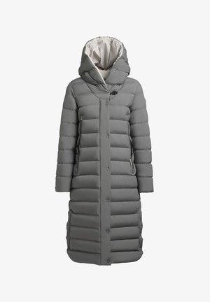 Grå pufferjakke med hætte, med en quiltedesign, trykknapper og lynlåslommer på siderne. Foret med en kontrastfarve i lysere nuancer.