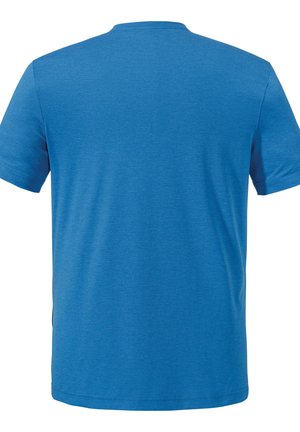 Kurzarm blaues T-Shirt mit Rundhalsausschnitt, aus leichtem Stoff gefertigt. Verfügt über ein dezentes strukturiertes Muster und eine lockere Passform.