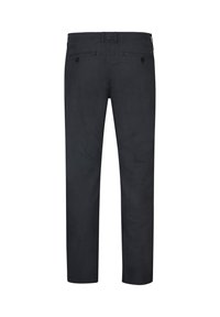 Schwarze Hose mit glatter Textur, gerader Beinform und zwei geknöpften Gesäßtaschen. Verfügt über Gürtelschlaufen und einen Bund.