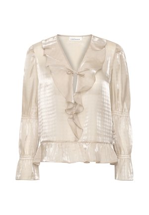 Világos bézs blúz fodros V-kivágással, megkötős részlettel, hosszú puffos ujjal és bővülő aljjal. Az anyag fényes, texturált felületű.