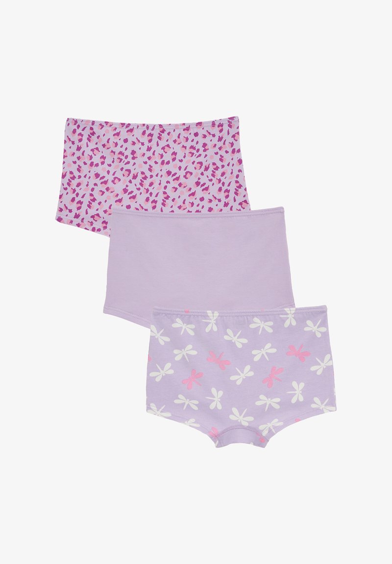 Lila pamut fehérnemű szett, három párból áll: egy rózsaszín leopárdmintás, egy egyszínű levendula színű és egy rózsaszín szitakötő mintás.