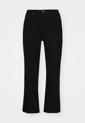 Black flared jeans made of denim, featuring front pockets, a button closure, and subtle orange stitching details. Smooth texture.
