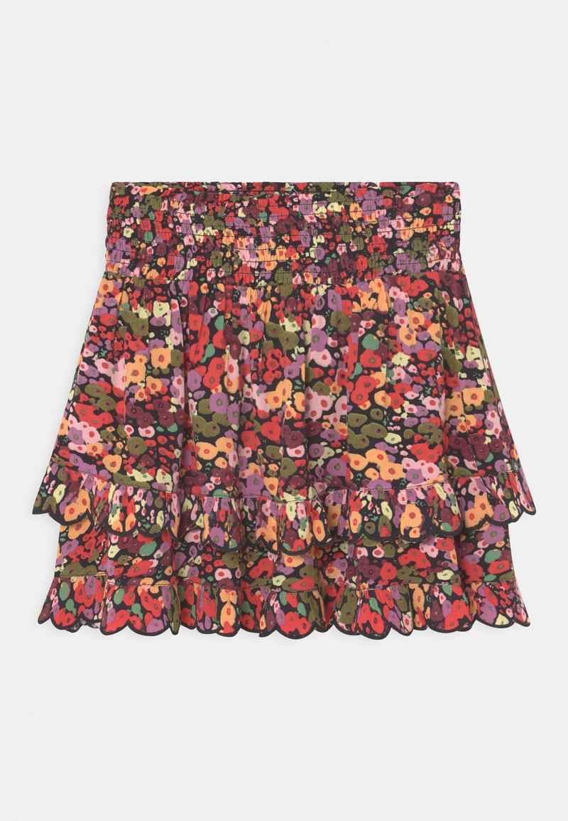 Jupe à motif floral avec taille smockée et ourlet à volants double couche dans des couleurs rouge, orange, violet, vert et rose.