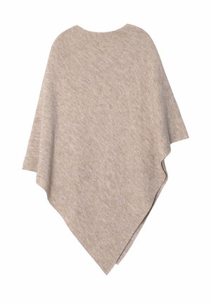 Poncho beige hecho de una tela suave y texturizada con un diseño suelto. Cuenta con un corte asimétrico y amplias aberturas para los brazos que facilitan su uso.