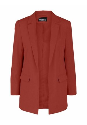 In rostrot maßgeschneiderter Blazer mit Kerbkragen, langen Ärmeln, Pattentaschen und einem Markenlabel innen am Kragen.