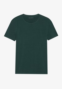 Mørkegrønn bomulls T-skjorte med rund hals, korte ermer og en jevn tekstur. Enkel, klassisk design uten synlige mønstre.